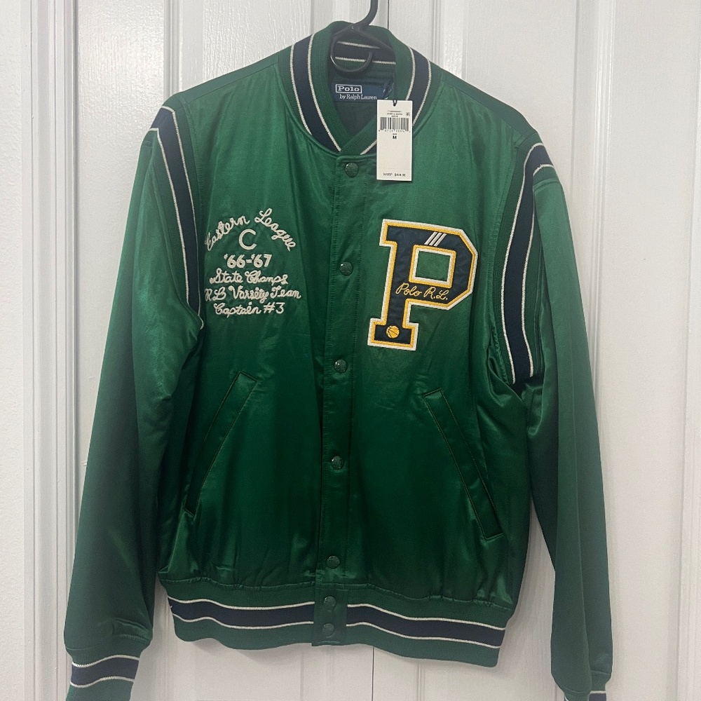 🔥🔥🔥 NWT POLO Ralph Lauren :: Green Men's Satin Letterman Jacket :: Medium